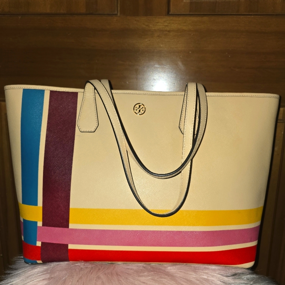 Tory Burch Cream Leather Tote with Multicolor Stripe Accents